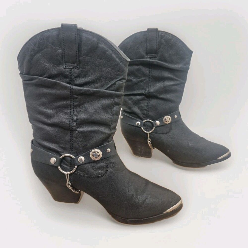 Dingo Women's Olivia Slouch Chain Harness Concho Black Leather Boots Size 9